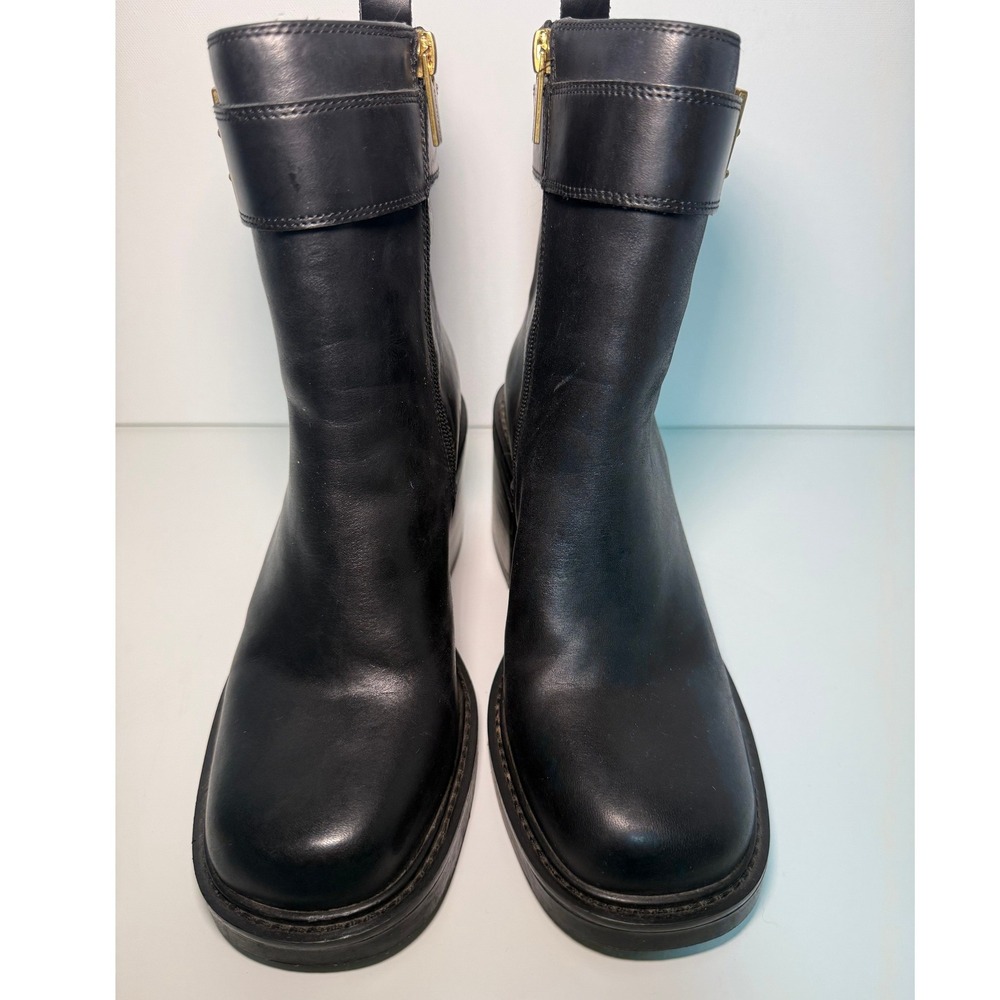 Vince Camuto Black Leather Moto Ankle Boots Gold Buckle Block‎ Heel Square Toe - Picture 7 of 15